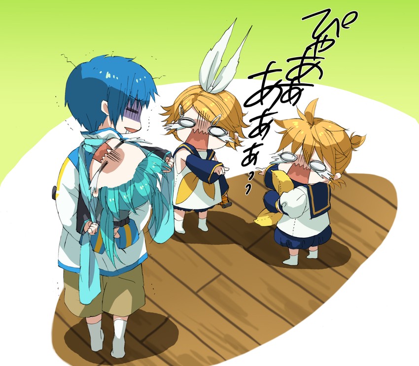 hatsune miku, kagamine rin, kagamine len, and kaito (vocaloid) drawn by kunieda_(miniaturegarden)