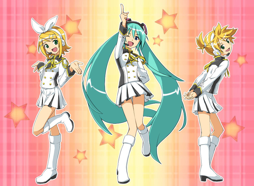 hatsune miku, kagamine rin, and kagamine len (idolmaster and 2 more) drawn by aisora