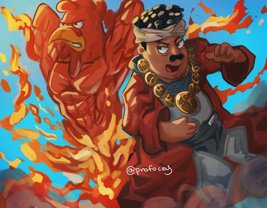 mohammed avdol, magician's red, ernie the giant chicken, and cleveland brown (jojo no kimyou na bouken and 2 more) drawn by profocey