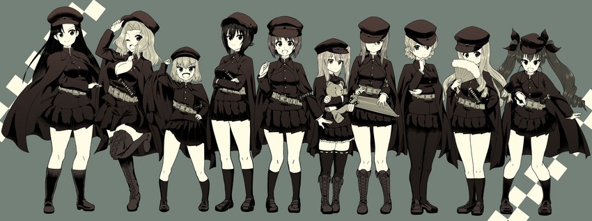 nishizumi miho, darjeeling, nishizumi maho, anchovy, kay, and 6 more (girls und panzer) drawn by hikyakuashibi