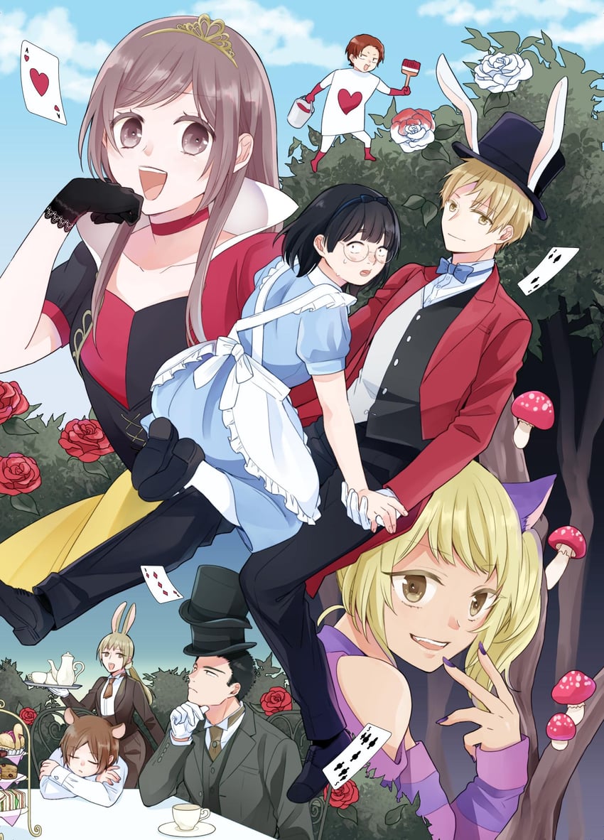 alice, tabata hana, ueno yousuke, uguisudani sumire, shinbashi tsutomu, and 1 more (alice's adventures in wonderland and 1 more) drawn by sakura_roku