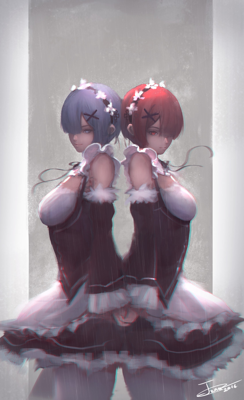 rem and ram (re:zero kara hajimeru isekai seikatsu) drawn by juniu21