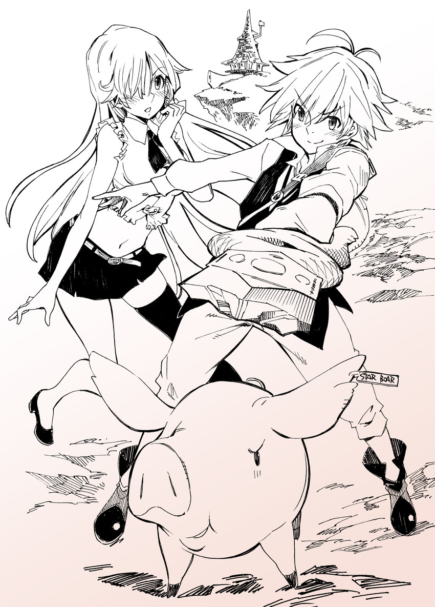 elizabeth liones, meliodas, and hawk (nanatsu no taizai) drawn by yanai_nobuhiko
