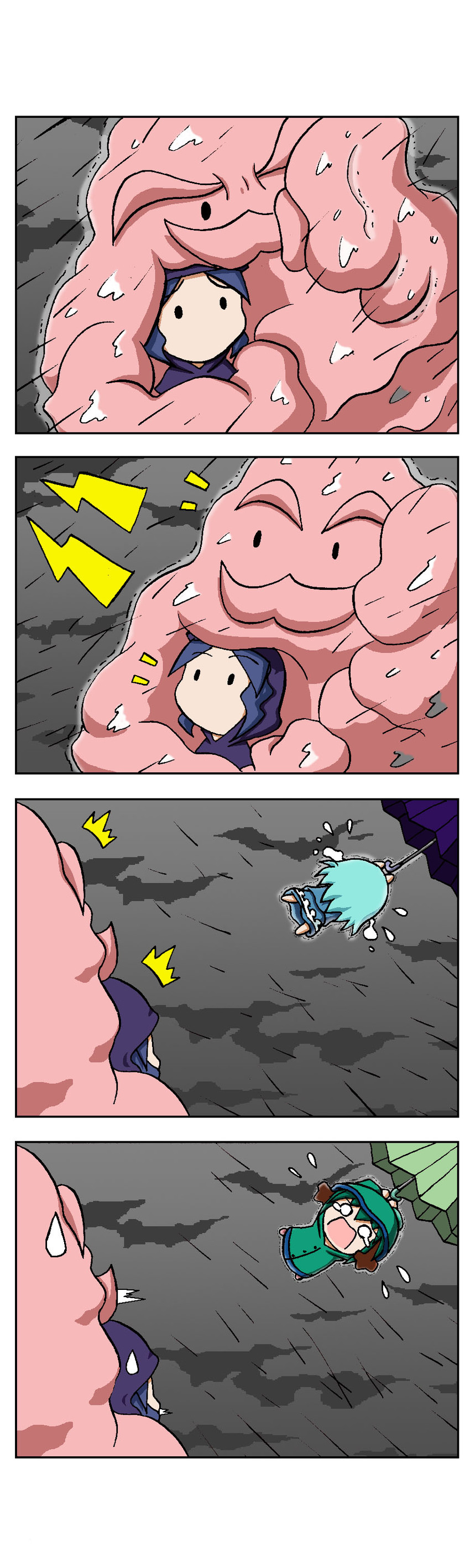tatara kogasa, kumoi ichirin, kasodani kyouko, and unzan (touhou) drawn by rakugaki-biyori