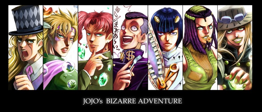 caesar anthonio zeppeli, kakyoin noriaki, bruno bucciarati, gyro zeppeli, nijimura okuyasu, and 2 more (jojo no kimyou na bouken and 7 more) drawn by room3