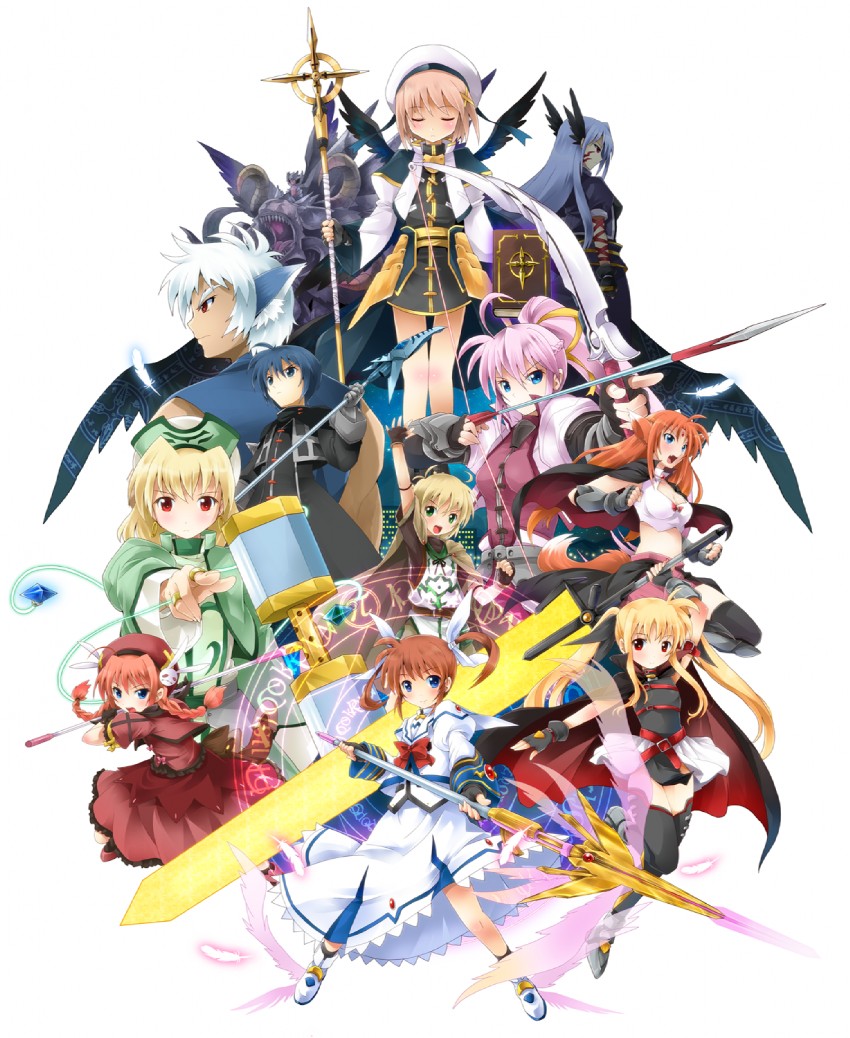 fate testarossa, takamachi nanoha, yagami hayate, raising heart, bardiche, and 14 more (lyrical nanoha and 2 more) drawn by michii_yuuki