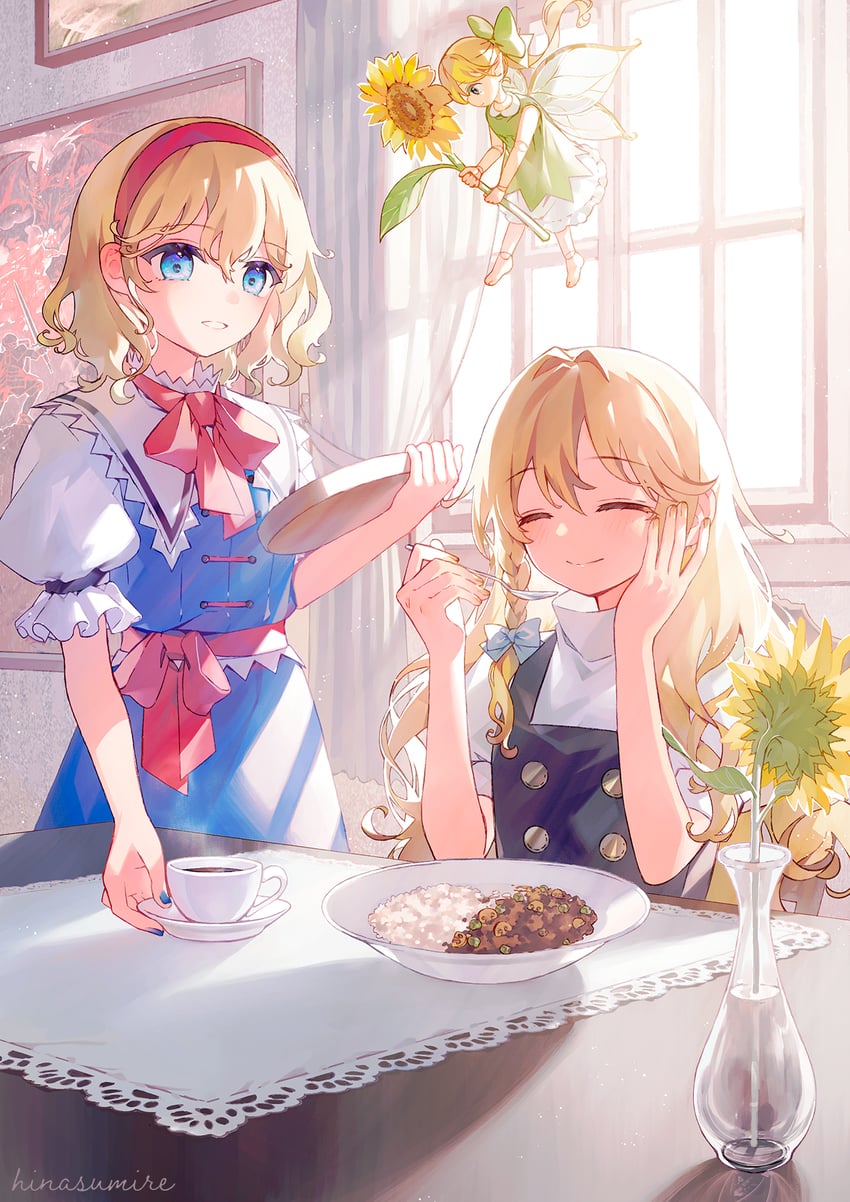 kirisame marisa, alice margatroid, shanghai doll, and sunflower fairy (touhou) drawn by hinasumire