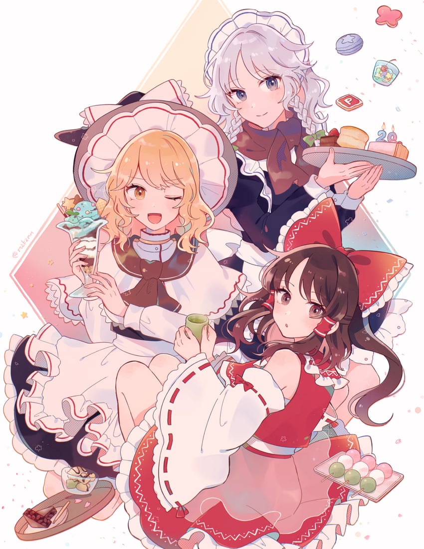 hakurei reimu, kirisame marisa, and izayoi sakuya (touhou and 1 more) drawn by mozukuzu_(manukedori)