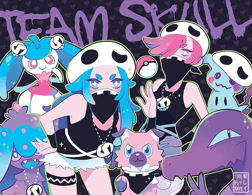 mimikyu, rockruff, team skull grunt, steenee, mareanie, and 1 more (pokemon and 1 more) drawn by fireflyraye