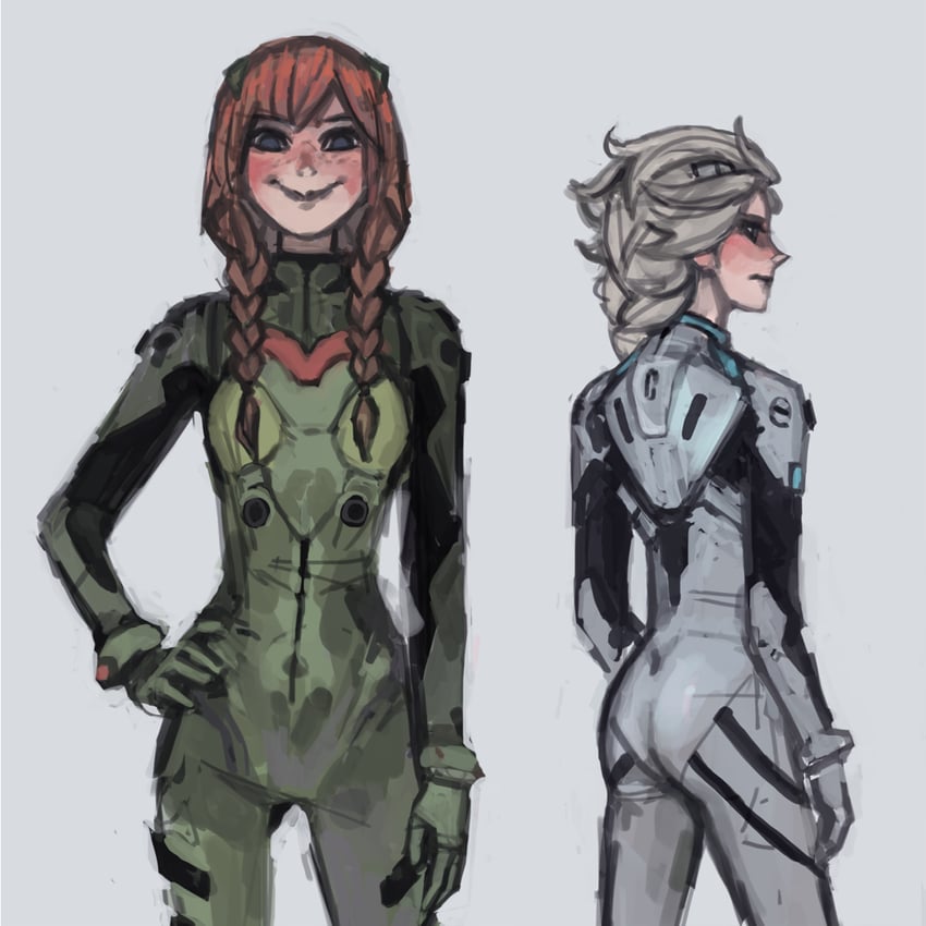 ayanami rei, makinami mari illustrious, elsa, and anna (neon genesis evangelion and 2 more) drawn by graytones