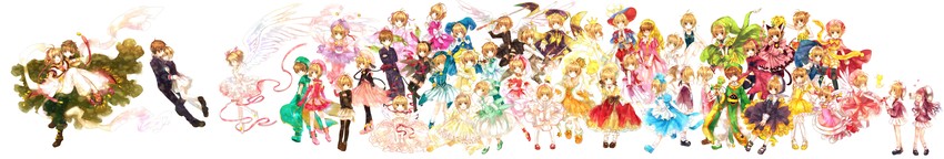 kinomoto sakura, kero, daidouji tomoyo, li syaoran, sakura hime, and 1 more (cardcaptor sakura and 2 more) drawn by shigaraki_(strobe_blue)