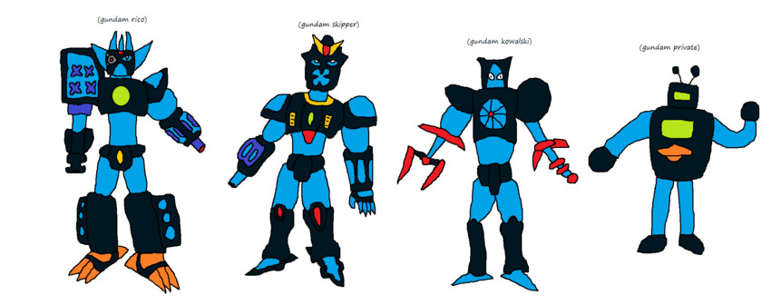 skipper, rico, private, and kowalski (gundam and 1 more) drawn by gundam019