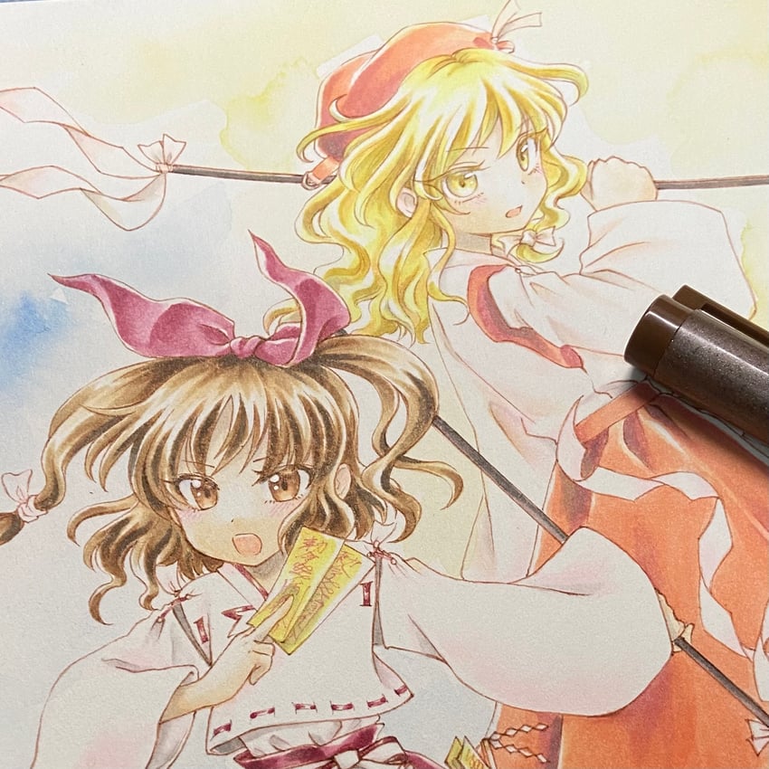 hourai girl and blonde shrine maiden from a future era (touhou and 1 more) drawn by io_(maryann_blue)
