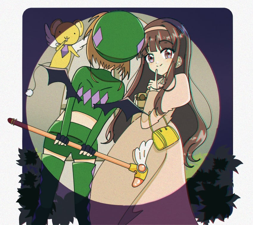 kinomoto sakura, kero, and daidouji tomoyo (cardcaptor sakura) drawn by minini_(@mofumofu_alien)