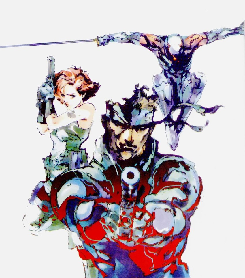 solid snake, meryl silverburgh, gray fox, and cyborg ninja (metal gear and 1 more) drawn by shinkawa_youji