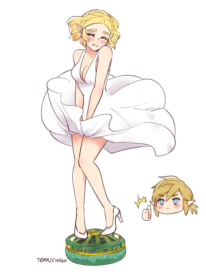 link, princess zelda, and marilyn monroe (the legend of zelda and 2 more) drawn by teraichigo