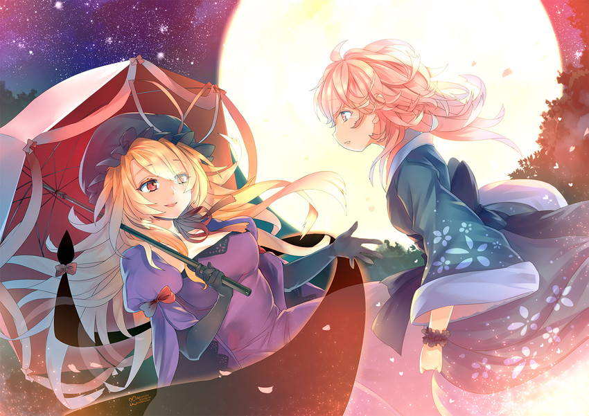 yakumo yukari and saigyouji yuyuko (touhou) drawn by mkiiiiii and windforcelan