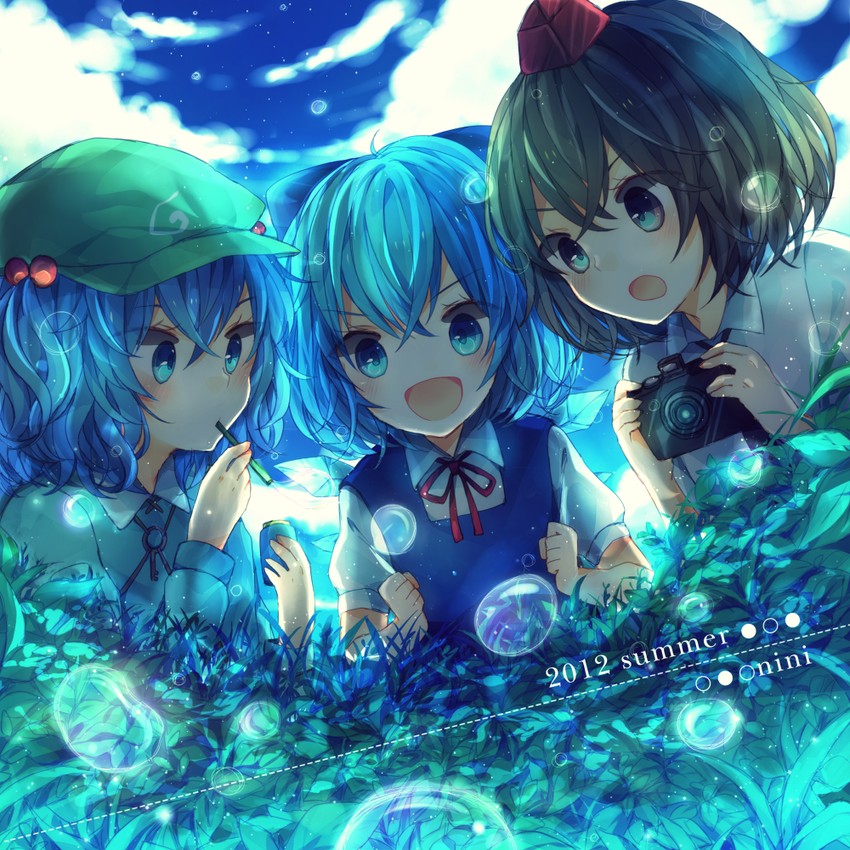 cirno, shameimaru aya, and kawashiro nitori (touhou) drawn by nini3piyo