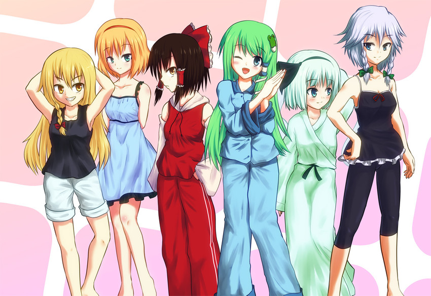 hakurei reimu, kirisame marisa, izayoi sakuya, kochiya sanae, konpaku youmu, and 1 more (touhou) drawn by matsumoto_aya