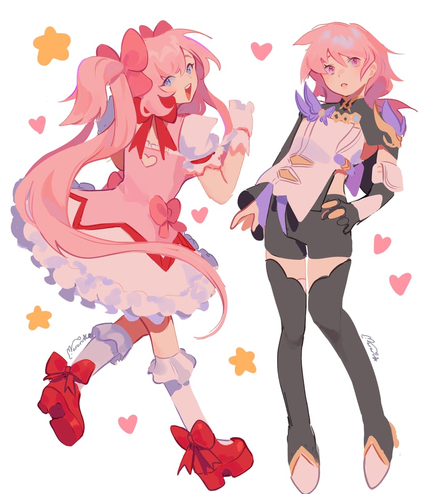 kaname madoka and elysia (honkai and 2 more) drawn by mararu