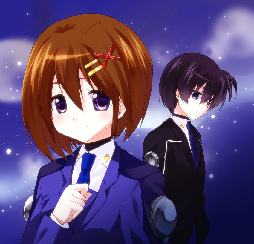 yagami hayate and chrono harlaown (lyrical nanoha and 2 more) drawn by kuroi_mimei