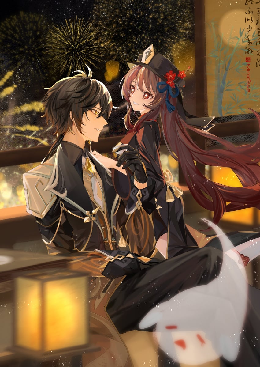 hu tao, zhongli, and boo tao (genshin impact) drawn by minicase_jp