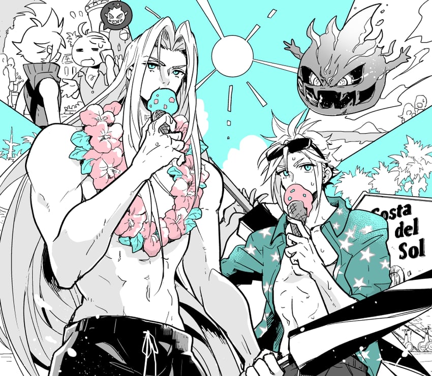 cloud strife, sephiroth, and bomb (final fantasy and 4 more) drawn by wxz