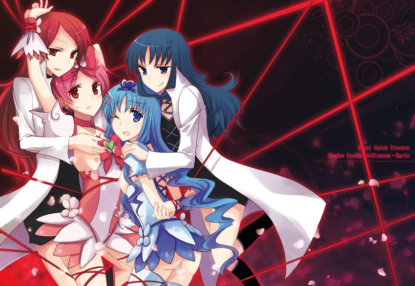 kurumi erika, hanasaki tsubomi, cure marine, cure blossom, cure marine mirage, and 1 more (precure and 1 more) drawn by isya