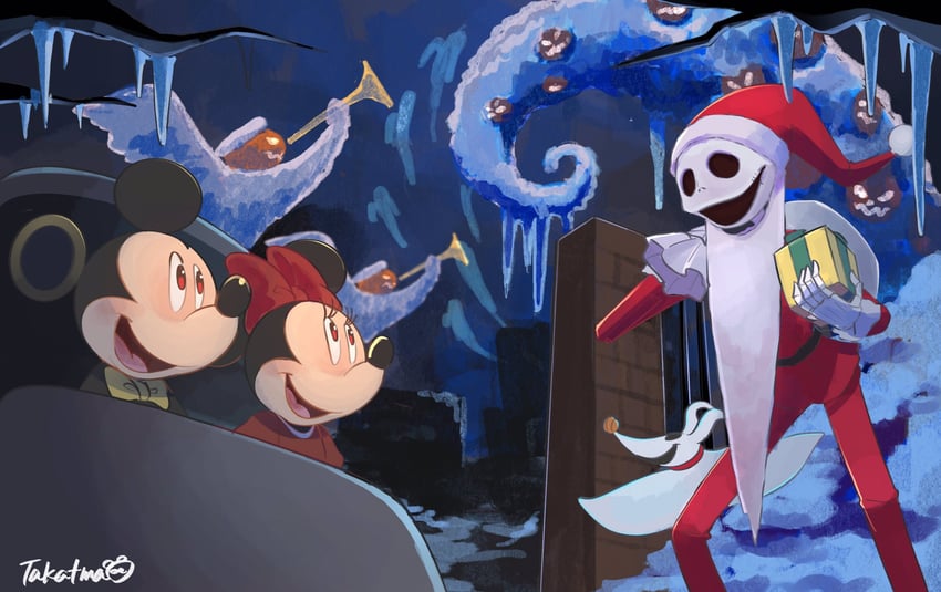 mickey mouse, minnie mouse, jack skellington, and zero (mickey mouse & friends and 2 more) drawn by gamorangetana