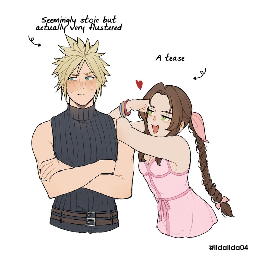 cloud strife and aerith gainsborough (final fantasy and 3 more) drawn by lida_(lidalida04)