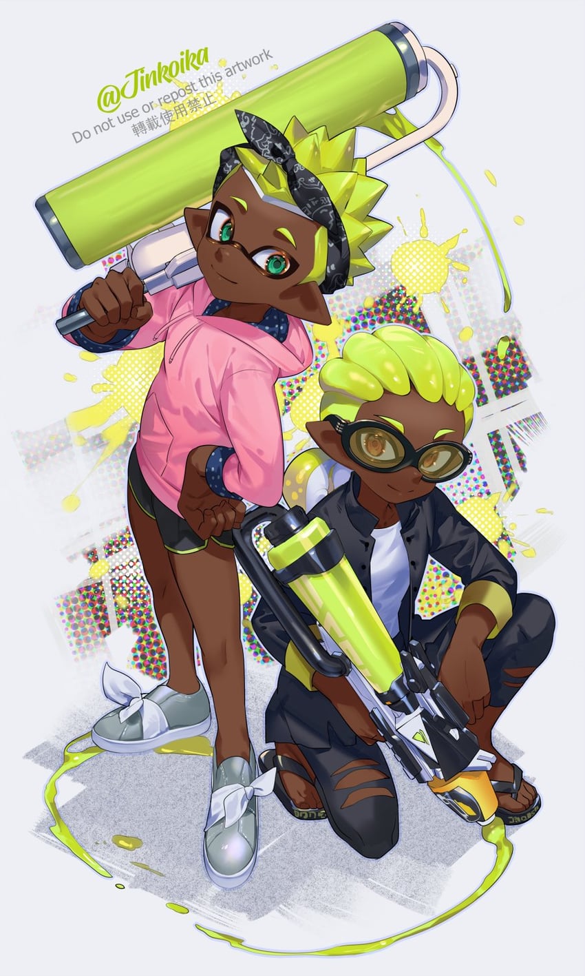inkling player character and inkling girl (splatoon and 1 more) drawn by jinkoika