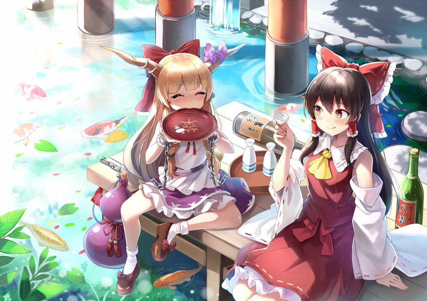 hakurei reimu and ibuki suika (touhou and 1 more) drawn by emerane