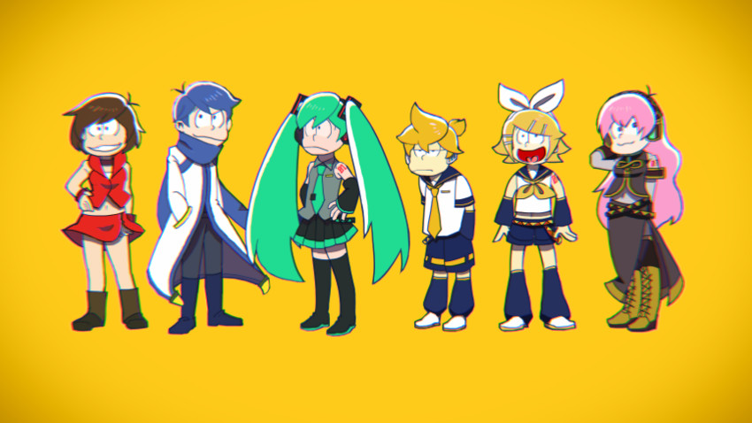 hatsune miku, kagamine rin, kagamine len, megurine luka, kaito, and 1 more (vocaloid and 2 more) drawn by wiba_y