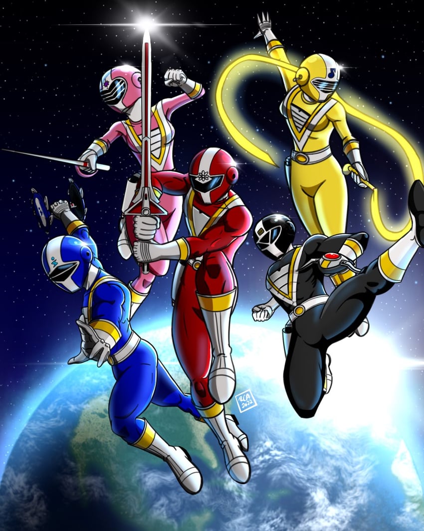 five red, five pink, five blue, five yellow, and five black (super sentai and 1 more) drawn by robert_c_amaya