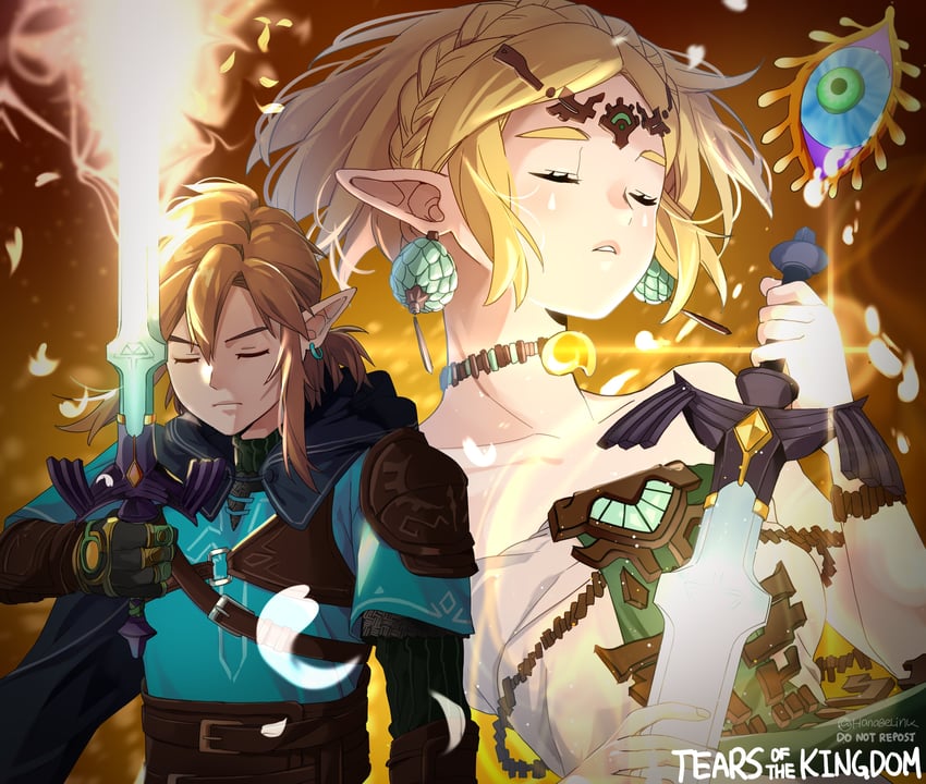 link and princess zelda (the legend of zelda and 1 more) drawn by hanaberin