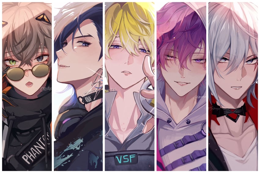 sonny brisko, alban knox, uki violeta, fulgur ovid, and yugo asuma (nijisanji and 1 more) drawn by szainx