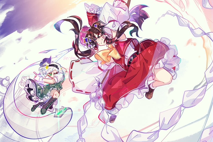 hakurei reimu and konpaku youmu (touhou) drawn by jin-dam