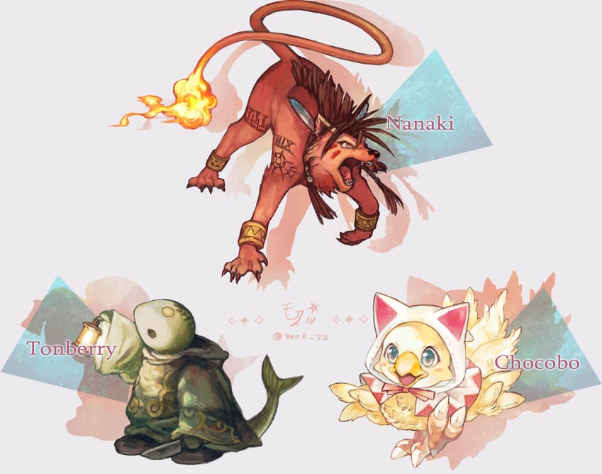 white mage, red xiii, and tonberry (final fantasy and 1 more) drawn by mokunami