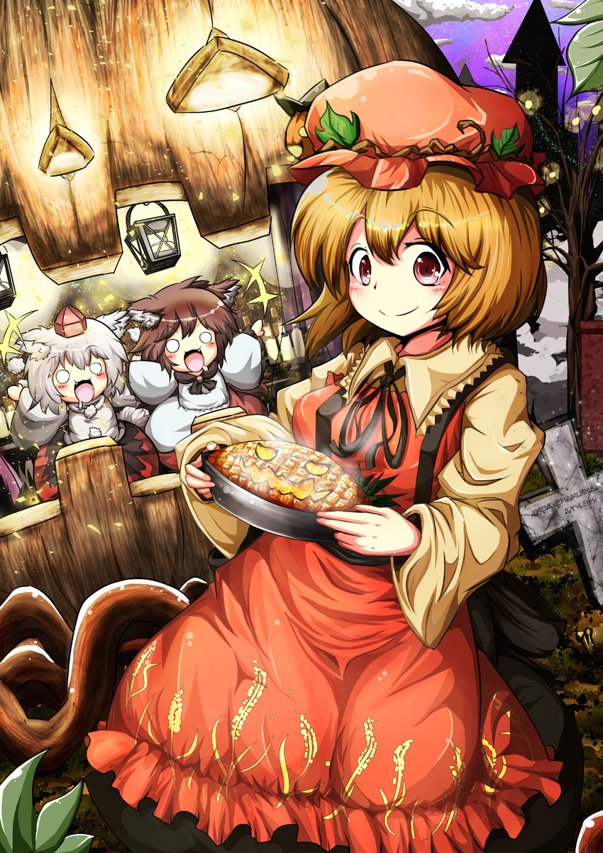 inubashiri momiji, imaizumi kagerou, and aki minoriko (touhou) drawn by pochi_tarou