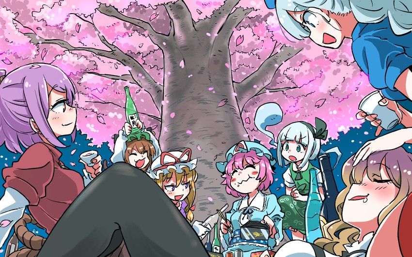 konpaku youmu, yakumo yukari, saigyouji yuyuko, chen, hijiri byakuren, and 2 more (touhou) drawn by zk_(zk_gundan)