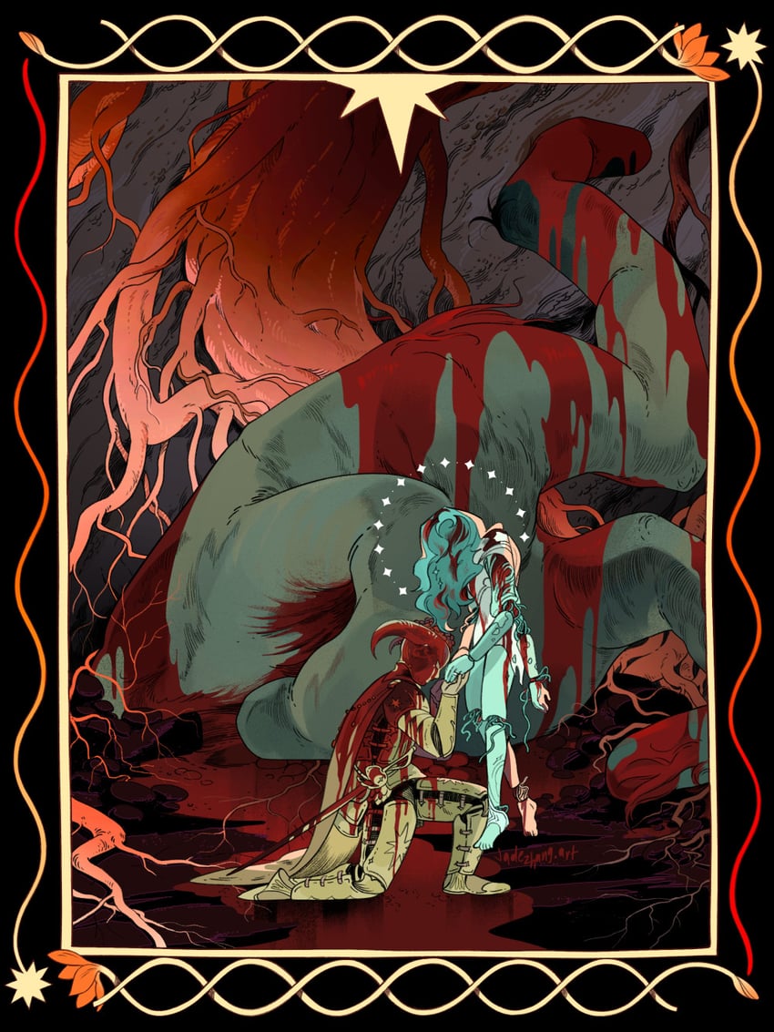 ranni the witch, tarnished, and two fingers (elden ring and 1 more) drawn by yellghoul