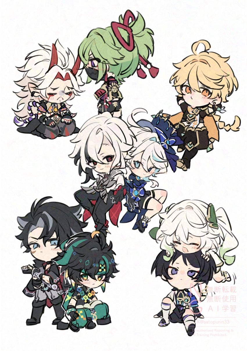 scaramouche, aether, furina, nahida, wanderer, and 5 more (genshin impact) drawn by satou_(satopurin33)