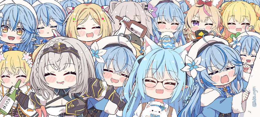shirogane noel, yukihana lamy, shishiro botan, omaru polka, momosuzu nene, and 2 more (hololive) drawn by kukie-nyan