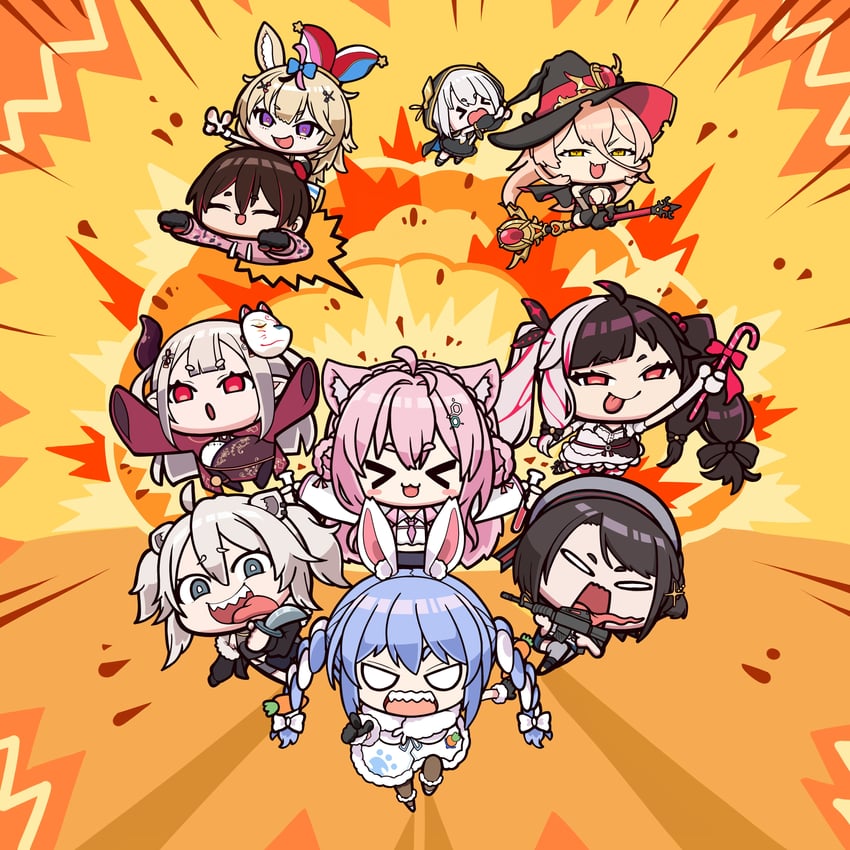usada pekora, oozora subaru, shishiro botan, hakui koyori, omaru polka, and 5 more (hololive and 1 more) drawn by nabenabe3104