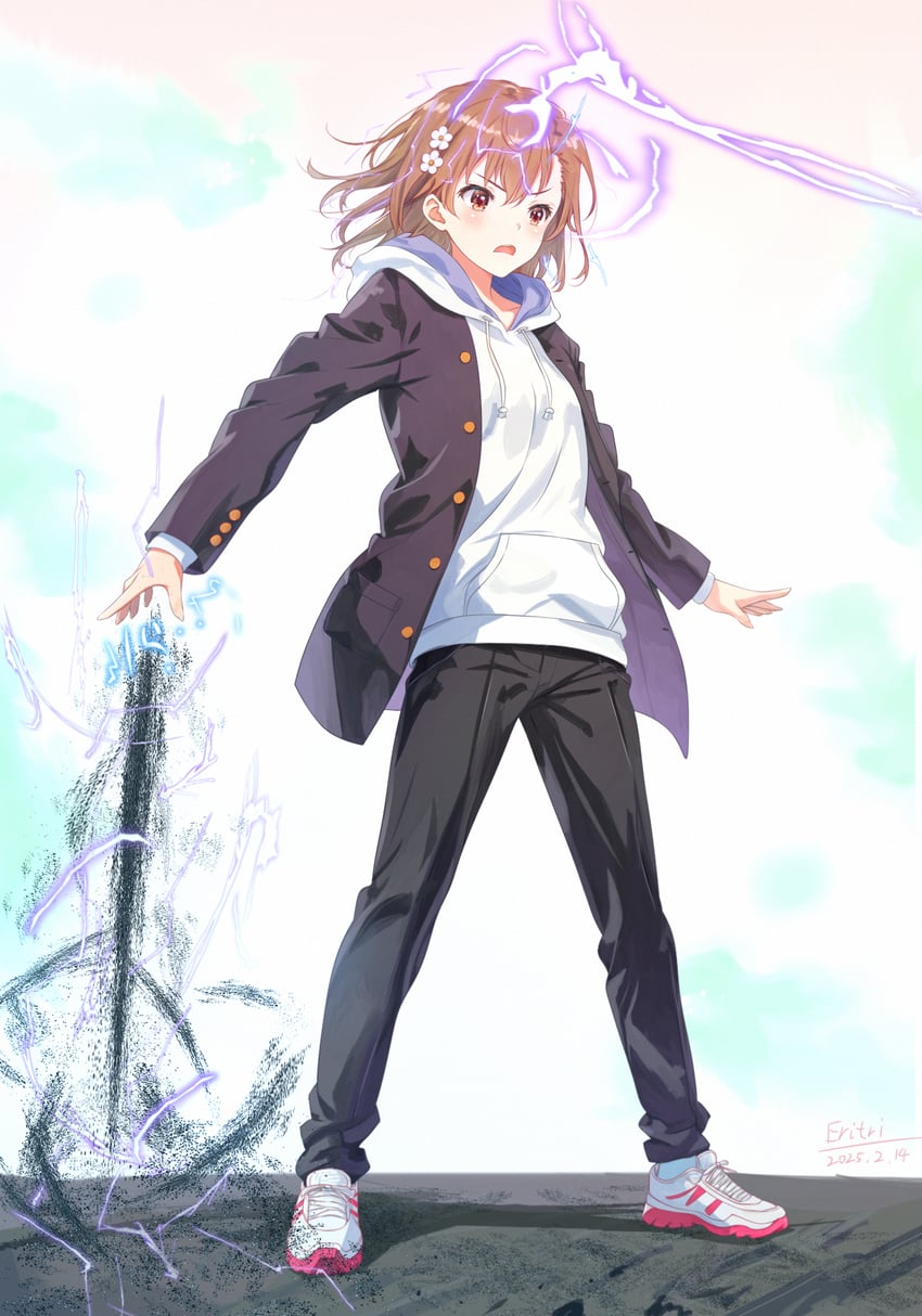 misaka mikoto and kamijou touma (toaru majutsu no index and 1 more) drawn by eritri