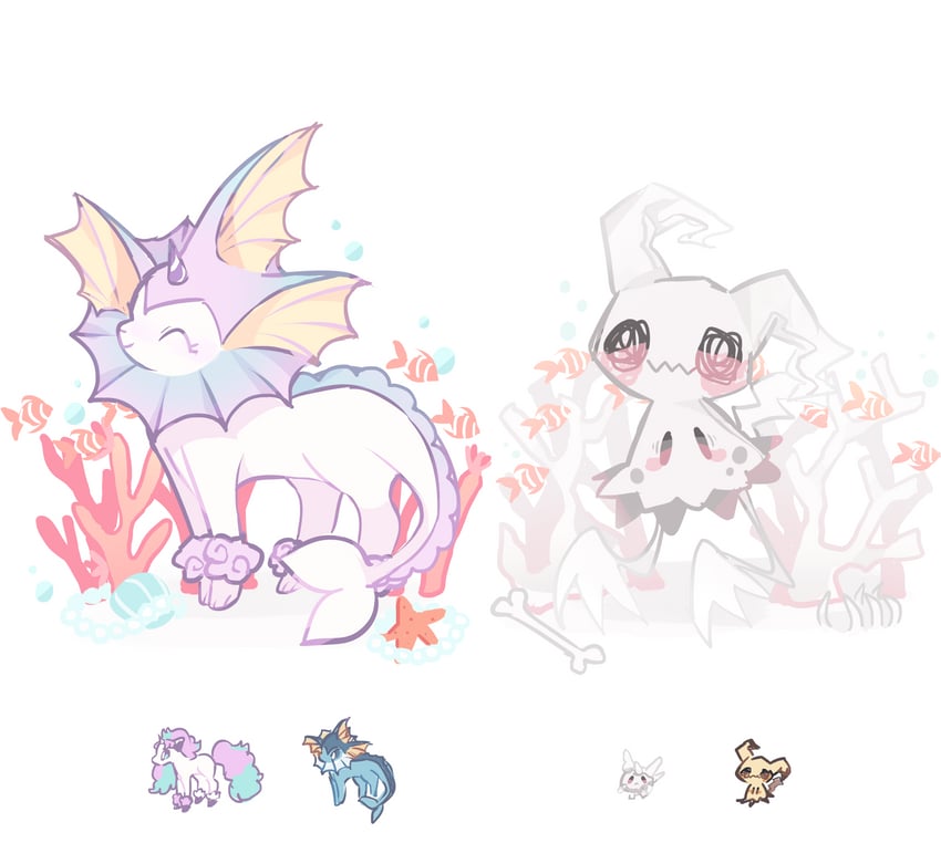 mimikyu, vaporeon, galarian ponyta, and galarian corsola (pokemon) drawn by charamells
