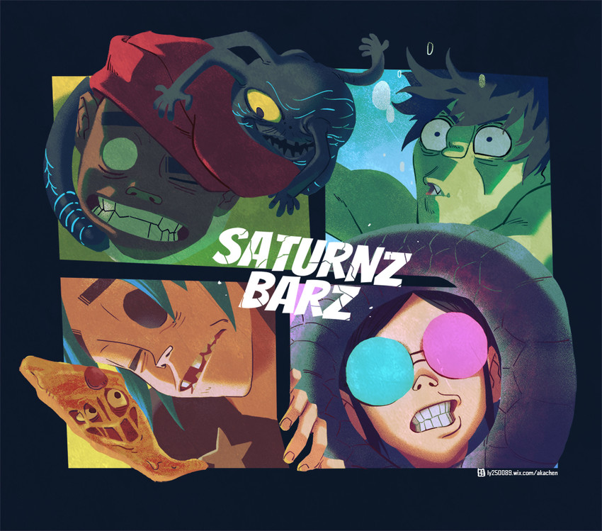 noodle, stuart pot, murdoc niccals, and russel hobbs (gorillaz) drawn by a-ka