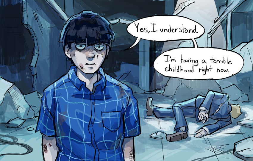 kageyama shigeo and reigen arataka (mob psycho 100) drawn by marbleboa