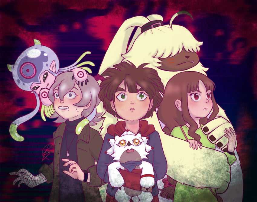 jellymon, gammamon, higashimitarai kiyoshiro, tsukiyono ruli, amanokawa hiro, and 1 more (digimon and 1 more) drawn by pamshindouu
