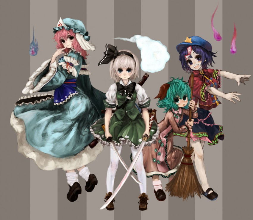 konpaku youmu, saigyouji yuyuko, miyako yoshika, and kasodani kyouko (touhou and 1 more) drawn by gobou_(gbu)